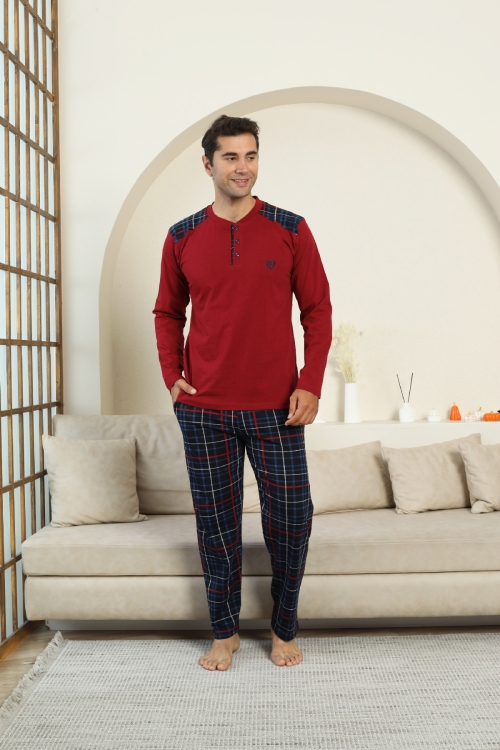 Erkek %100 İnterlok Pamuk Kumaş Ekose Bloklu Pijama Takımı 12481