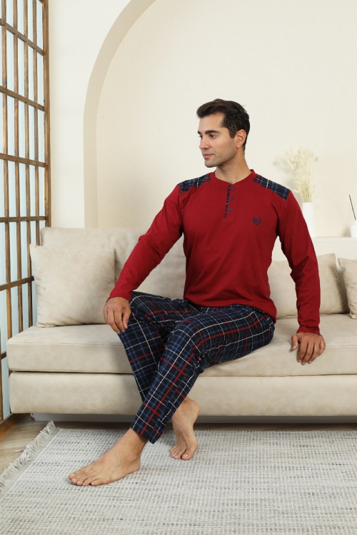 Erkek %100 İnterlok Pamuk Kumaş Ekose Bloklu Pijama Takımı 12481