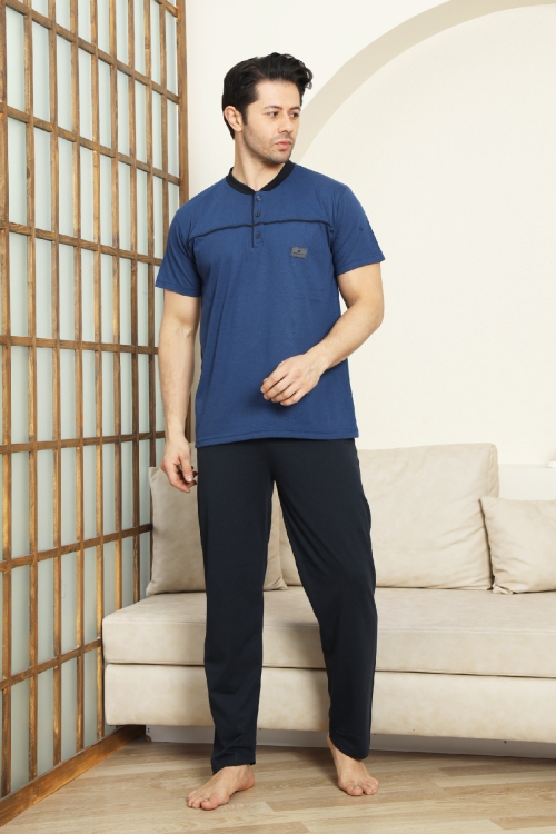 Erkek %100 Pamuk Pijama Takımı -3 Düğmeli-Robalı 12383