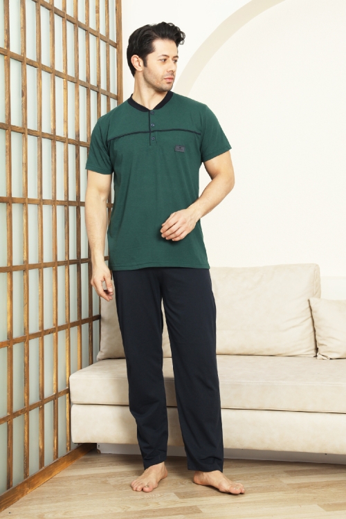 Erkek %100 Pamuk Pijama Takımı -3 Düğmeli-Robalı 12383
