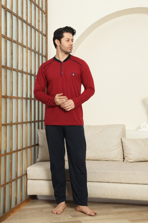 Erkek %100 Pamuklu Pijama Takımı-3 Düğmeli-12440