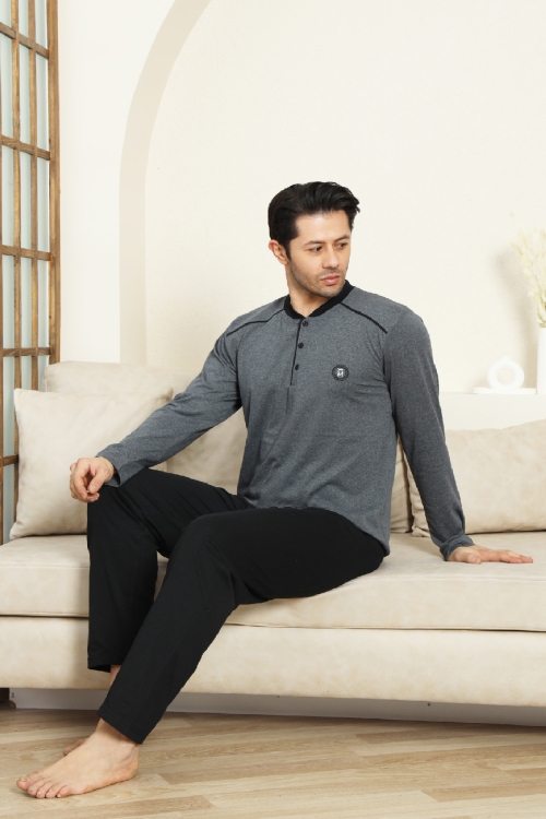 Erkek %100 Pamuklu Pijama Takımı-3 Düğmeli-12440