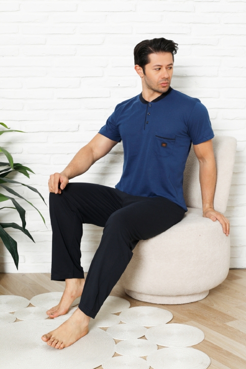 Erkek %100 Pamuklu Pijama Takımı-3 Düğmeli-Yaka Cepli 12384