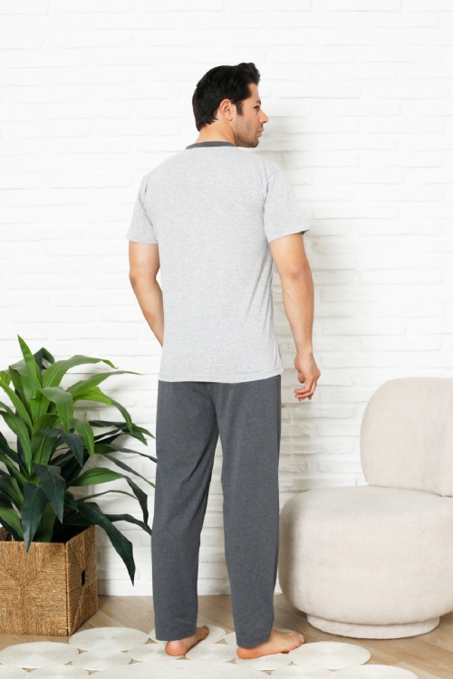 Erkek %100 Pamuklu Pijama Takımı-3 Düğmeli-Yaka Cepli 12384