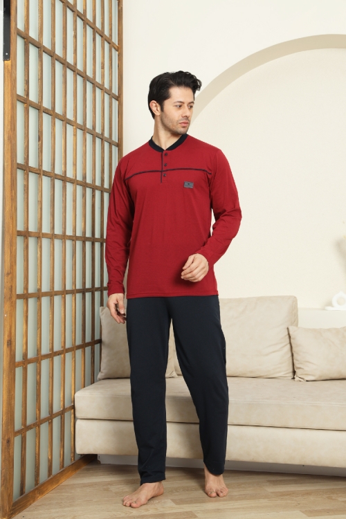 Erkek %100 Pamuklu Pijama Takımı-Robalı ve 3 Düğmeli-12489