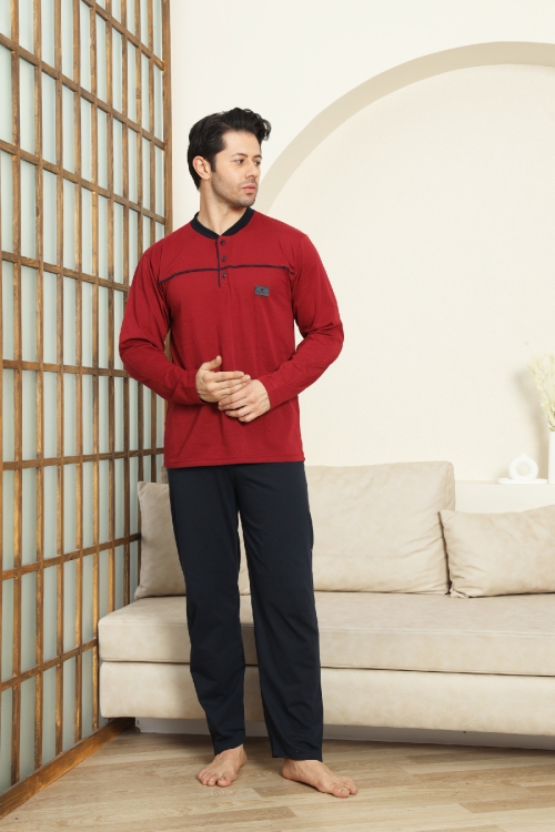 Erkek %100 Pamuklu Pijama Takımı-Robalı ve 3 Düğmeli-12489