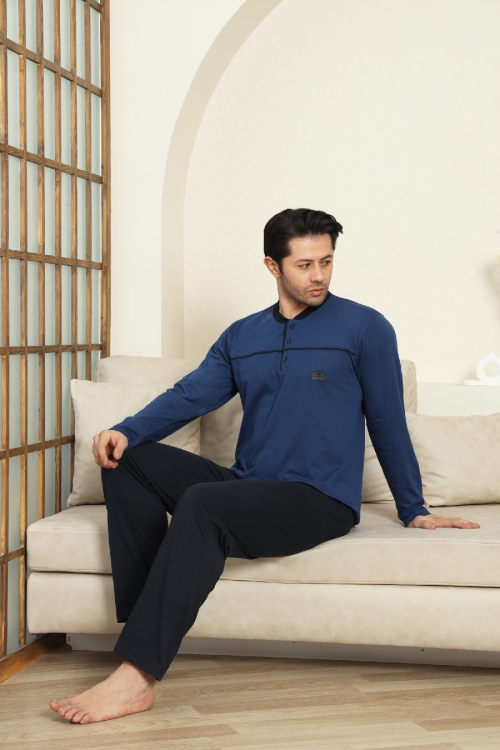 Erkek %100 Pamuklu Pijama Takımı-Robalı ve 3 Düğmeli-12489