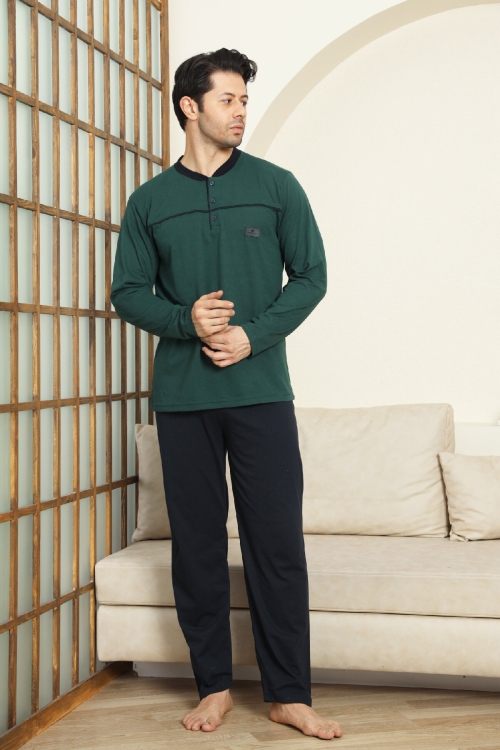 Erkek %100 Pamuklu Pijama Takımı-Robalı ve 3 Düğmeli-12489