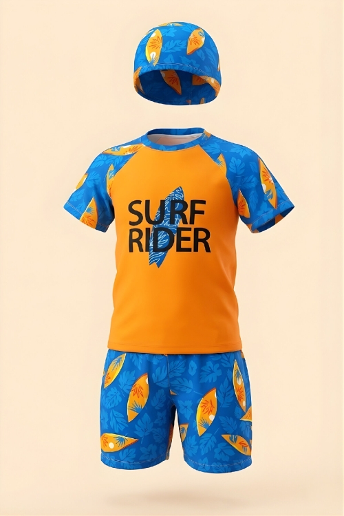 Erkek Çocuk 3lü Mayo Takımı (Şort+Üst Mayo+Bone) 3-12 Yaş 12593B