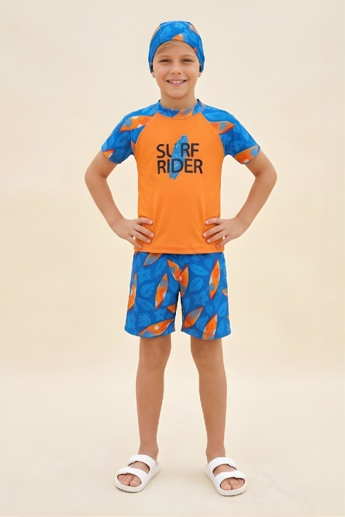 Erkek Çocuk 3lü Mayo Takımı (Şort+Üst Mayo+Bone) 3-12 Yaş 12593B