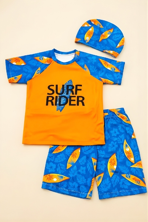 Erkek Çocuk 3lü Mayo Takımı (Şort+Üst Mayo+Bone) 3-12 Yaş 12593B