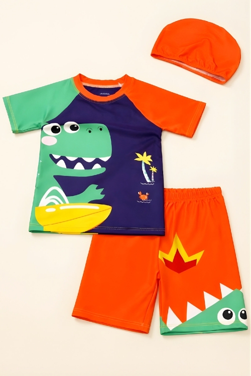 Erkek Çocuk 3lü Mayo Takımı (Şort+Üst Mayo+Bone) 3-12 Yaş 12593B