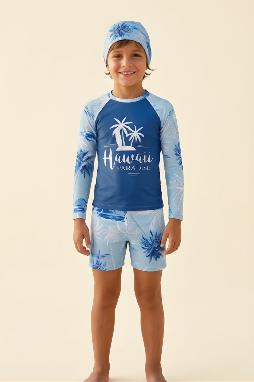 Erkek Çocuk 3lü Mayo Takımı (Şort+Uzun Kol Üst+Bone) 3-12 Yaş 12594B