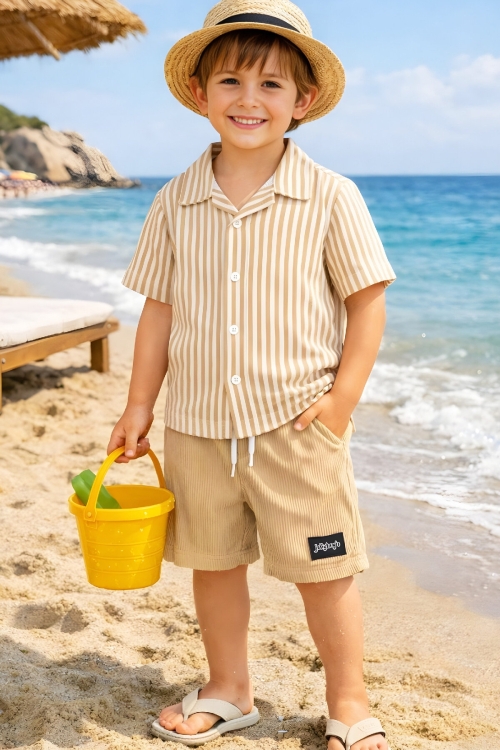 Erkek Çocuk Alt-Üst Takım (Waffle Gömlek+Ottoman Şort) 3-12 Yaş 12569HC