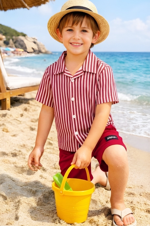 Erkek Çocuk Alt-Üst Takım (Waffle Gömlek+Ottoman Şort) 3-12 Yaş 12569HC