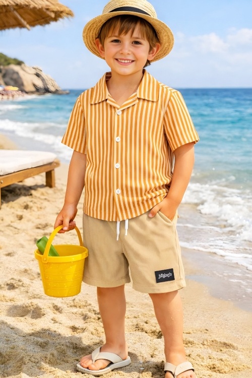Erkek Çocuk Alt-Üst Takım (Waffle Gömlek+Ottoman Şort) 3-12 Yaş 12569HC