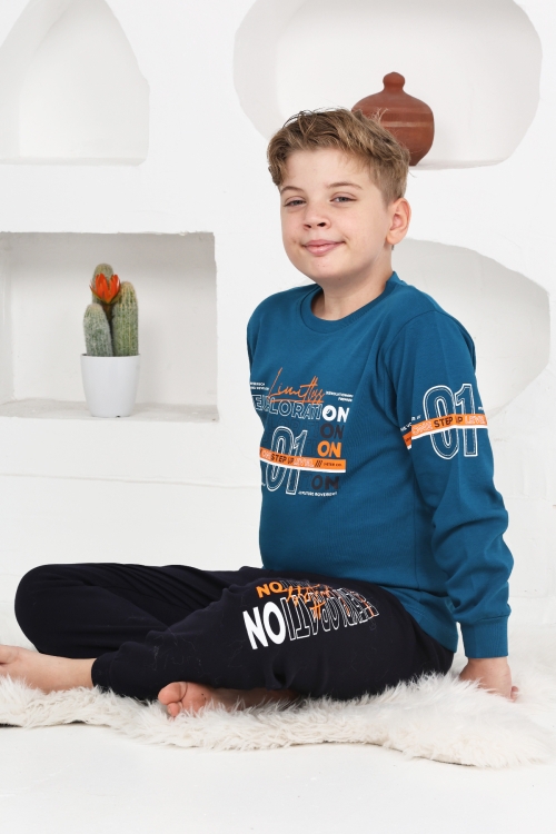 Erkek Çocuk Baskılı %100 Pamuk İnterlok Kumaş Pijama Takımı 12446