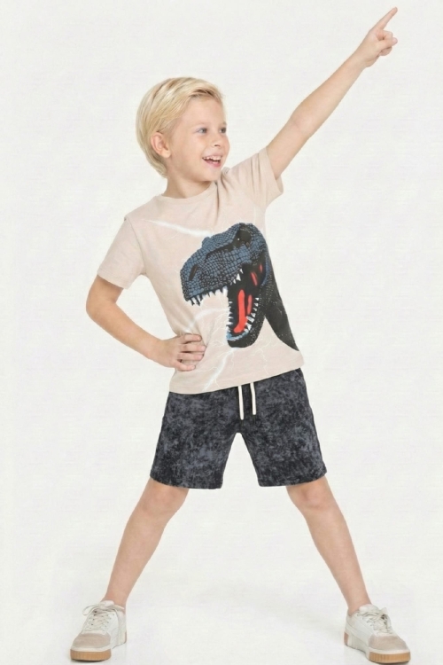 Erkek Çocuk Dinazor Görselli  Kaprili Alt-Üst Takım 3-10 Yaş 12553