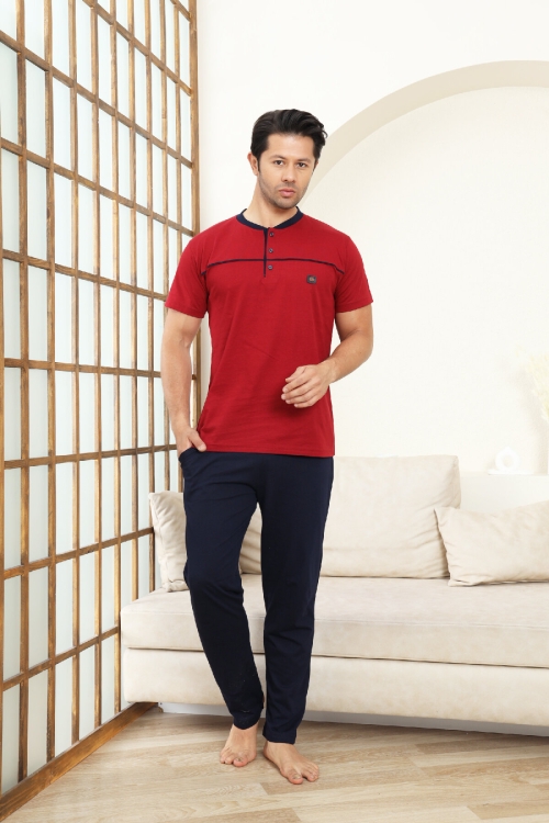 Erkek Pijama Takımı -%100 Pamuk -3 Düğmeli-Yaka Roba Biyeli 12608