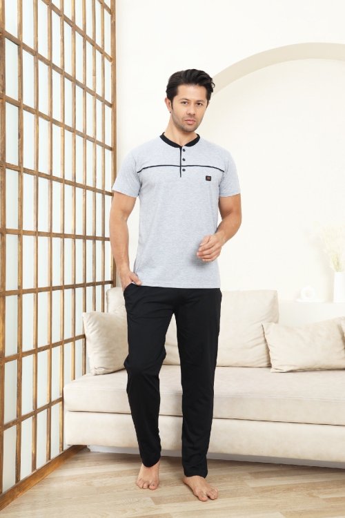 Erkek Pijama Takımı -%100 Pamuk -3 Düğmeli-Yaka Roba Biyeli 12608