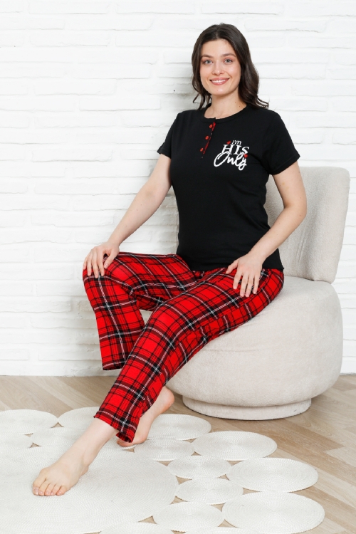 Kadın Pijama Takımı - Ekose Altlı- 3 Düğmeli-%100 Pamuklu 12387