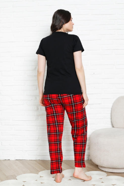 Kadın Pijama Takımı - Ekose Altlı- 3 Düğmeli-%100 Pamuklu 12387