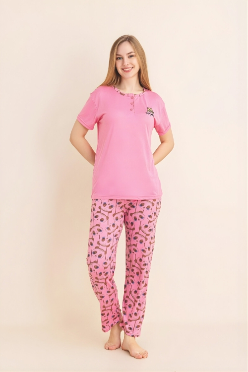 Kadın Pijama Takımı-Menekşe Kumaş-3 Düğmeli-Yaka Baskılı-12606SF