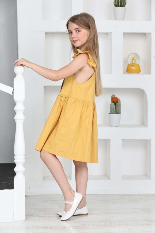 Kız Çocuk %100 Pamuk Keten Elbise 12197