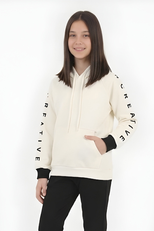 Kız Çocuk 2 İplik-Kapüşonlu-Manşeti Panelli Ve Garnili Sweatshirt 12-16 Yaş 12395