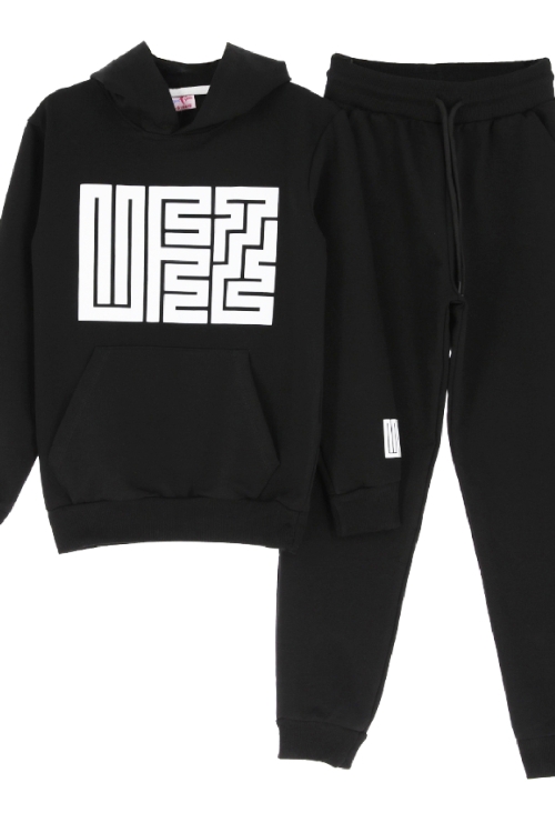 Kız Çocuk 2 İplik Küfe Yazı Görselli Kapüşonlu Alt-Üst Takım 12374