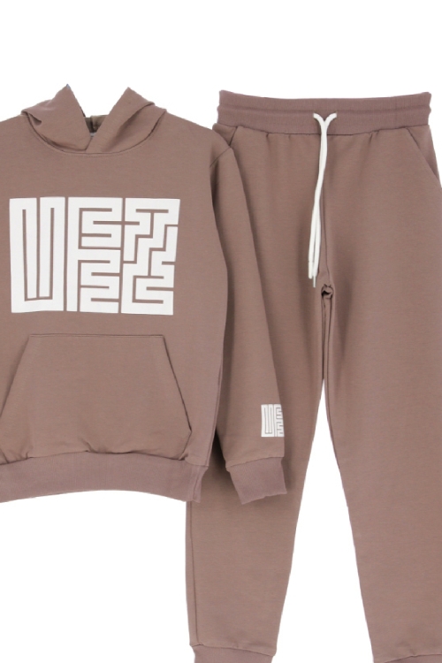 Kız Çocuk 2 İplik Küfe Yazı Görselli Kapüşonlu Alt-Üst Takım 12374