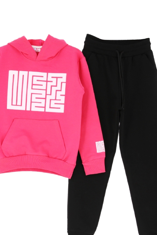 Kız Çocuk 2 İplik Küfe Yazı Görselli Kapüşonlu Alt-Üst Takım 12374