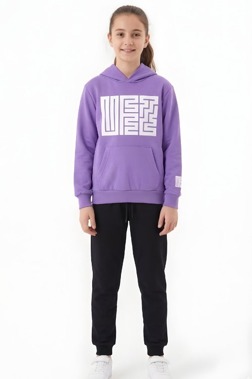 Kız Çocuk 2 İplik Küfe Yazı Görselli Kapüşonlu Alt-Üst Takım 12374