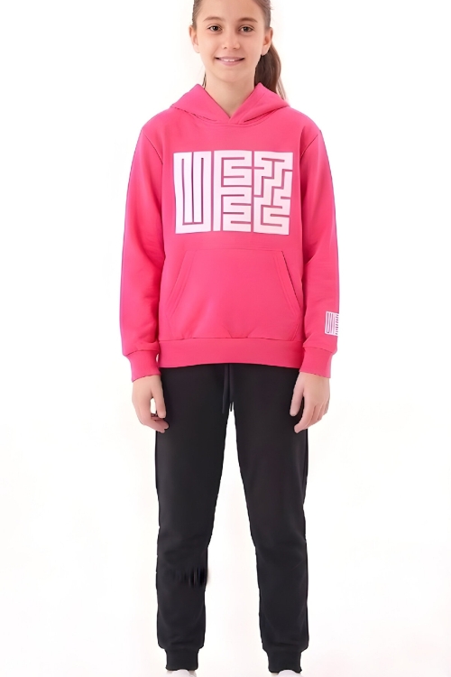 Kız Çocuk 2 İplik Küfe Yazı Görselli Kapüşonlu Alt-Üst Takım 12374