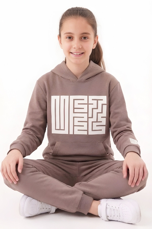 Kız Çocuk 2 İplik Küfe Yazı Görselli Kapüşonlu Alt-Üst Takım 12374