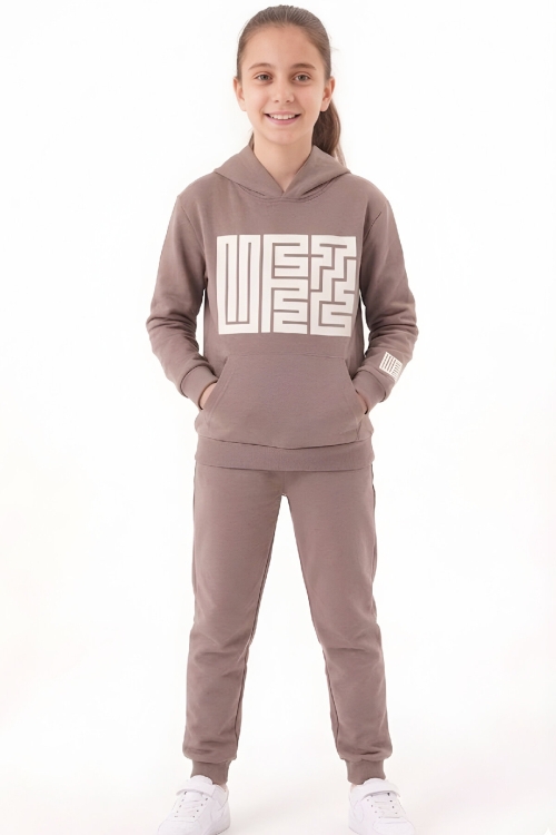 Kız Çocuk 2 İplik Küfe Yazı Görselli Kapüşonlu Alt-Üst Takım 12374