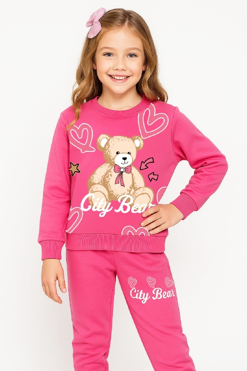 Kız Çocuk 2 İplik Şardonsuz Ayıcık Baskılı Alt-Üst Takım-3 -10 Yaş 12415