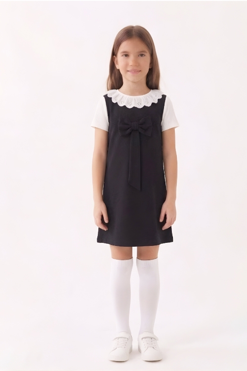 Kız Çocuk 2li Elbise (Double Face Kumaş Elbise+Nakış Yakalı Bluz) 4-9 Yaş 12563