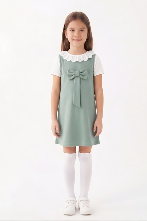 Kız Çocuk 2li Elbise (Double Face Kumaş Elbise+Nakış Yakalı Bluz) 4-9 Yaş 12563