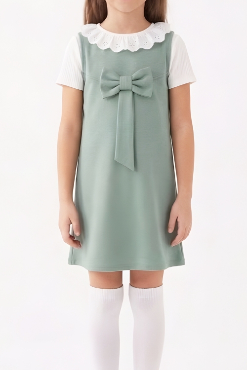 Kız Çocuk 2li Elbise (Double Face Kumaş Elbise+Nakış Yakalı Bluz) 4-9 Yaş 12563