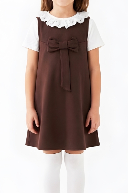 Kız Çocuk 2li Elbise (Double Face Kumaş Elbise+Nakış Yakalı Bluz) 4-9 Yaş 12563