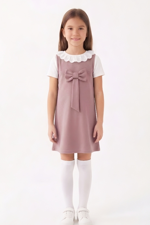 Kız Çocuk 2li Elbise (Double Face Kumaş Elbise+Nakış Yakalı Bluz) 4-9 Yaş 12563