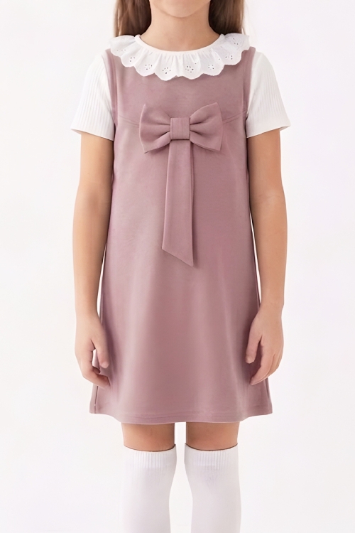 Kız Çocuk 2li Elbise (Double Face Kumaş Elbise+Nakış Yakalı Bluz) 4-9 Yaş 12563