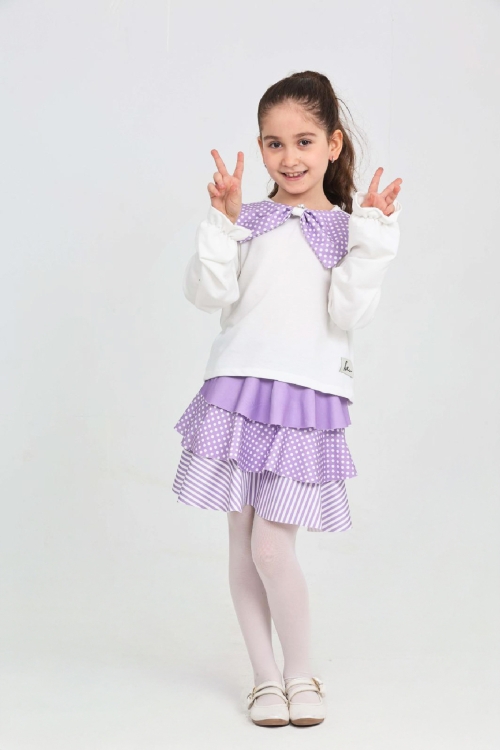 Kız Çocuk 2li Elbise -Kat Kat Etekli ve Fiyonk Detaylı 3-12 Yaş 12520