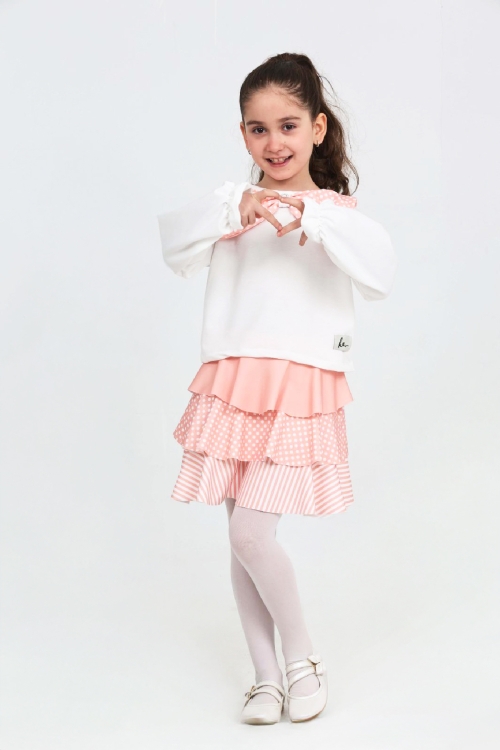 Kız Çocuk 2li Elbise -Kat Kat Etekli ve Fiyonk Detaylı 3-12 Yaş 12520