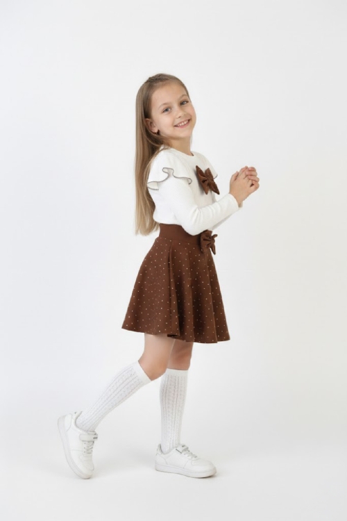 Kız Çocuk 2li Elbise Taş Süslemeli Etek+Omuz Detaylı ve Fiyonklu Bluz 4-9 Yaş 12503