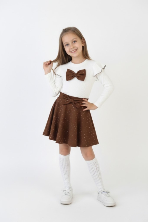 Kız Çocuk 2li Elbise Taş Süslemeli Etek+Omuz Detaylı ve Fiyonklu Bluz 4-9 Yaş 12503