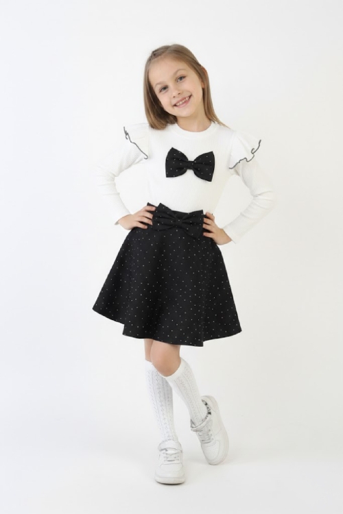 Kız Çocuk 2li Elbise Taş Süslemeli Etek+Omuz Detaylı ve Fiyonklu Bluz 4-9 Yaş 12503