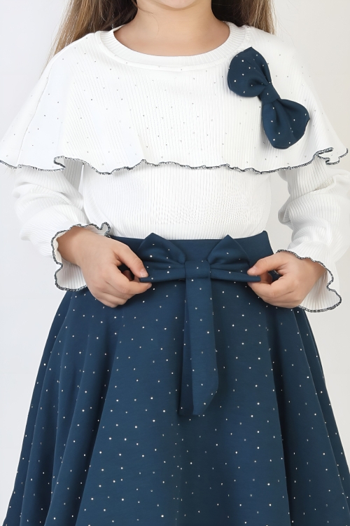 Kız Çocuk 2li Elbise Taş Süslemeli Etek+Şal Yakalı ve Fiyonklu Bluz 4-9 Yaş 12505