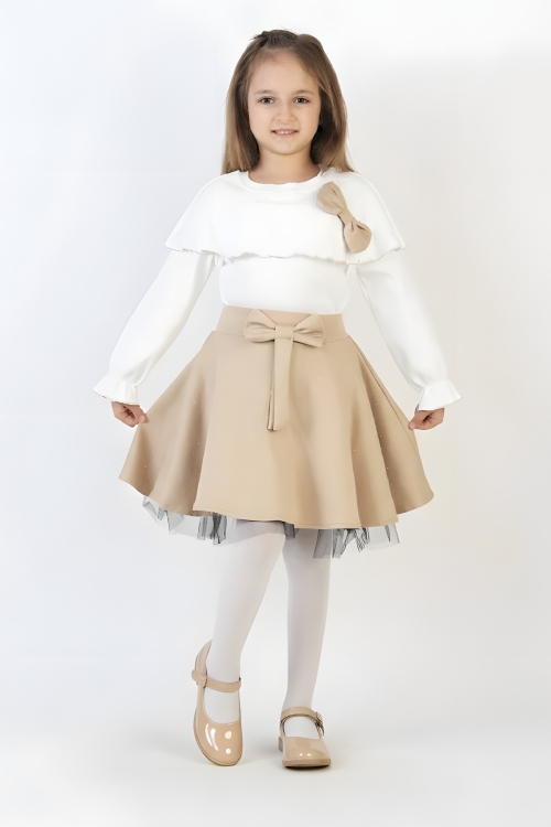 Kız Çocuk 2li Elbise Taş Süslemeli Etek+Şal Yakalı ve Fiyonklu Bluz 4-9 Yaş 12505